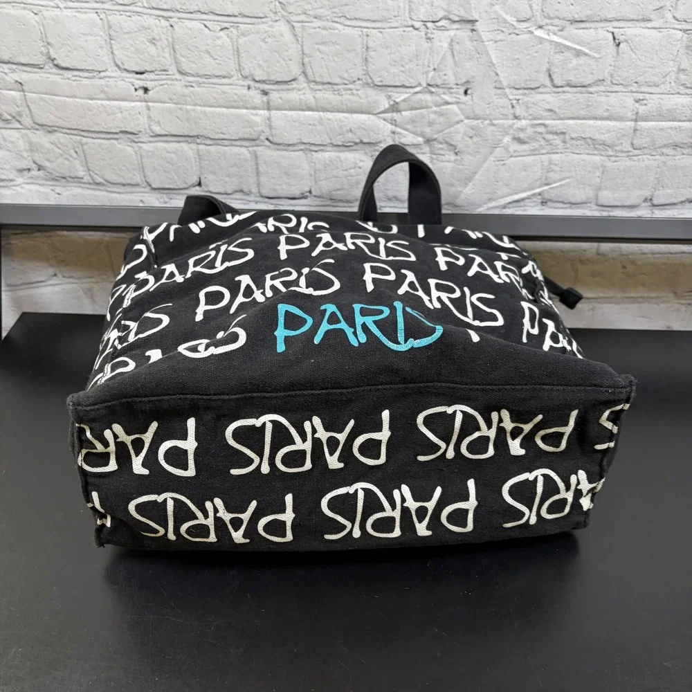 Robin Ruth Paris Canvas Tote Bag Black Script Print Zippered Shoulder Bag Travel
